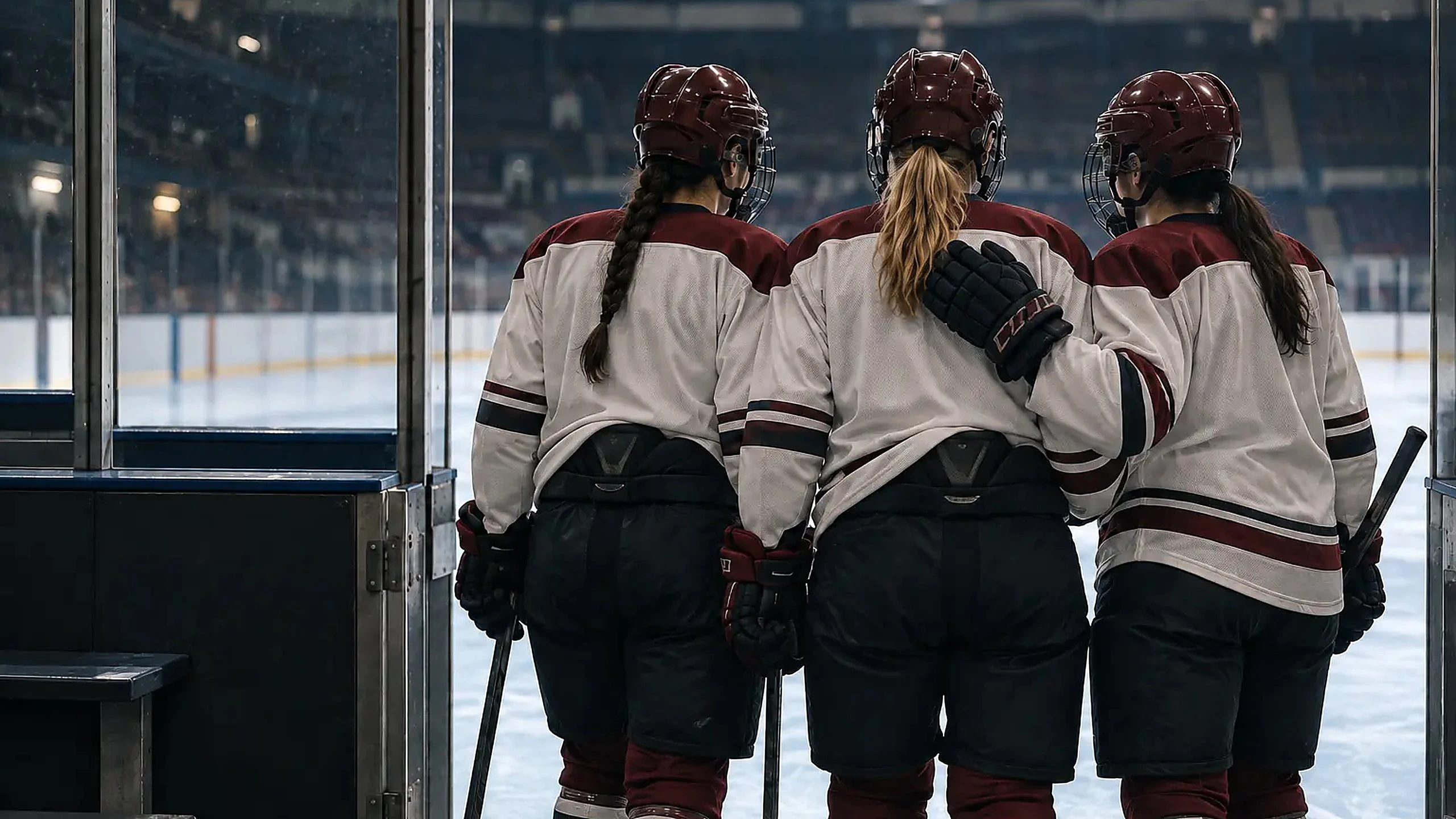 Three hockey players stand arm in arm at the bench gate, looking out at the ice